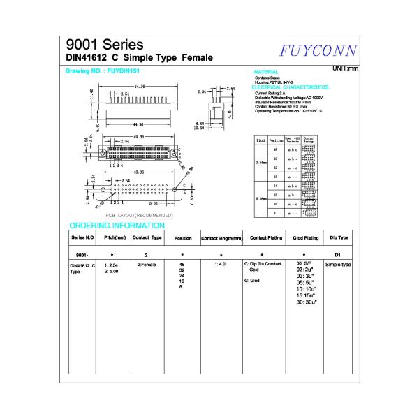3 rows 48 Pin DIN 41612 Connector Vertical Female Straight PCB Eurocard Connector 2.54mm pitch