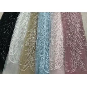 Blue Shiny Embroidered Leaf Lace Fabric With Beads And Sequins 120CM Width