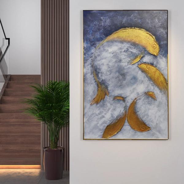 Oil Painting Medium and 6 Color Print Method Used for Hand Painted Goldfish Gold Foil Art Living Room Art