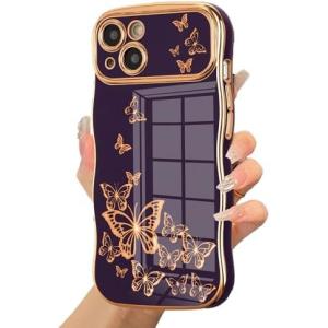 iPhone 13 girl phone case, curly wave frame, luxury plated butterfly pattern,