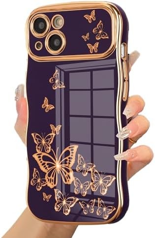 iPhone 13 girl phone case, curly wave frame, luxury plated butterfly pattern,