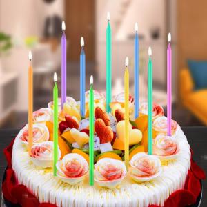 Greetings Birthday Candles, Multicolored Long Thin & Happy Birthday Text On