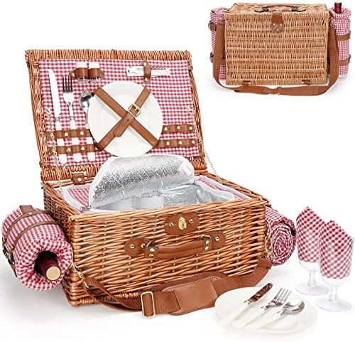 Wicker Picnic Basket with Lid and Handle Sturdy Woven Body with Washable Lining for Easter,Mother's Day,Outdoor Camping