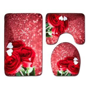 Rose Pattern Toilet Mat Set Polyester Fiber Toilet Lid Cover Set