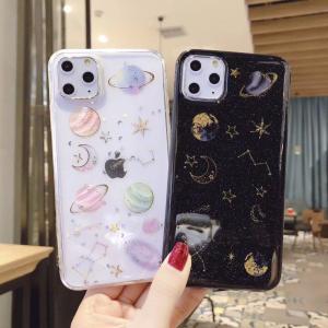 Shine Glitter Shockproof Phone Cases Gold Foil Moon Space For Iphone 11 Pro Max