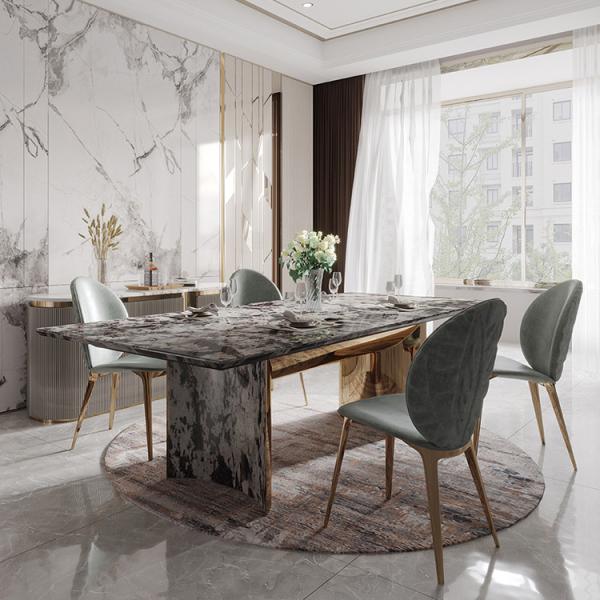 Smooth Surface Rock Board Dining Table ODM Grey Metal Base Grey Marble