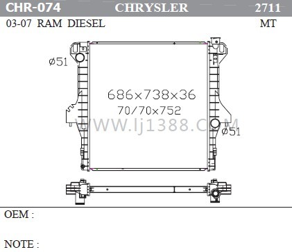 Quality RAM Diesel'03-07 CHRYSLER Car Radiator 36mm Thickness 51mm Inlet / Outlet Size wholesale