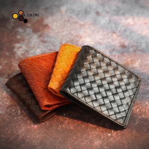 Woven Cowhide Leather Retro Handmade Short Wallet with Open Closure Package