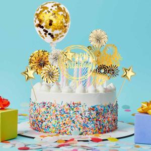 Birthday Paper Fans Banner Confetti Balloon Fireworks Golden Cupcake Topper For