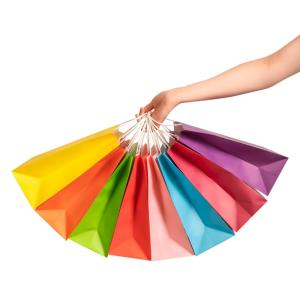 Retail Multi Colored Kraft Paper Shopping Bags with Folding Style and Custom