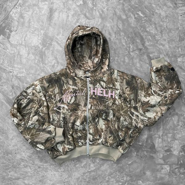 Quality Custom Lady Outdoor Hunting Distressed Vintage Sweatshirt Camo Zip Up Heavyweight Camouflage Tree Print Oversized Hoodie Women wholesale