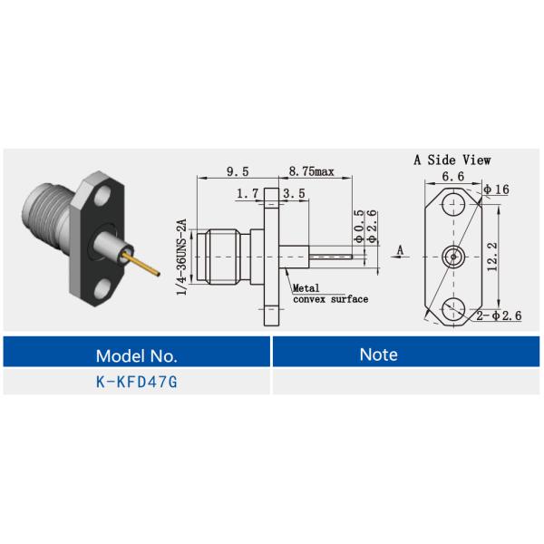 K Series Female 2-hole Flange Stainless Steel RF Coaxial Connector with Long Microstrip