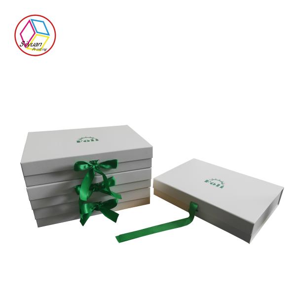 Quality Foldable White Box Green Logo Apparel Packaging Boxes With Ribbon wholesale