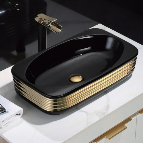 Quality Custom Design Counter top Matte Black Ceramic Bathroom Sink Modern Black and Gold Color Art Wash Basin wholesale
