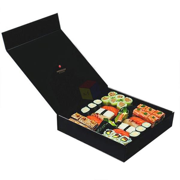 Custom Disposable Black Design Paper Foldable Magnetic Sushi Take Out Box Food