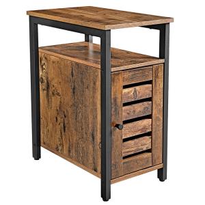 Slim Side Table with Cabinet, Rustic Industrial Side Table with Storage, End
