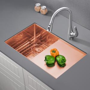 China Copper Single Square Bowl Kitchen Sink With Drainboard Right on sale