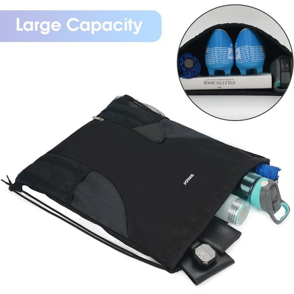 Durable Drawstring Backpack Sport Sackpack with Mesh Pockets Water Resistant String Bag for Women Men Children (Black)