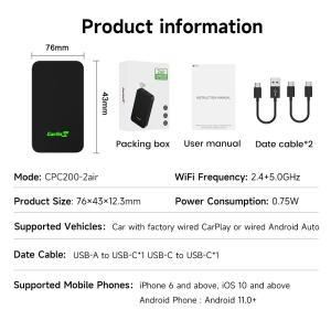 Cheap Wired To Wireless Smart Android Auto And Apple Carplay Dongle 2Air AI BOX Wireless USB Wifi BT Adapter for sale
