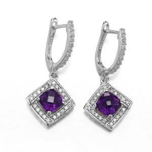 China Purple 925 Sterling Silver Gemstone Earrings 2.6g Amethyst Drop Earrings on sale