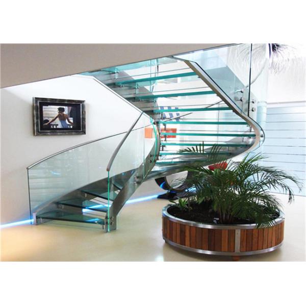 Standoff Glass Balustrade Curved Oak Staircase Painted Finish For Building Hotel