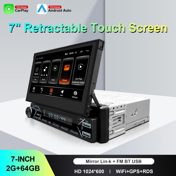 7 Inch Retractable Touch Carplay 1 DIN Car Audio Stereo Compatible Bluetooth