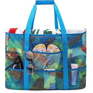 Mesh Beach Bag, Extra Large Beach Bags with 9 Pockets & Zipper Waterproof