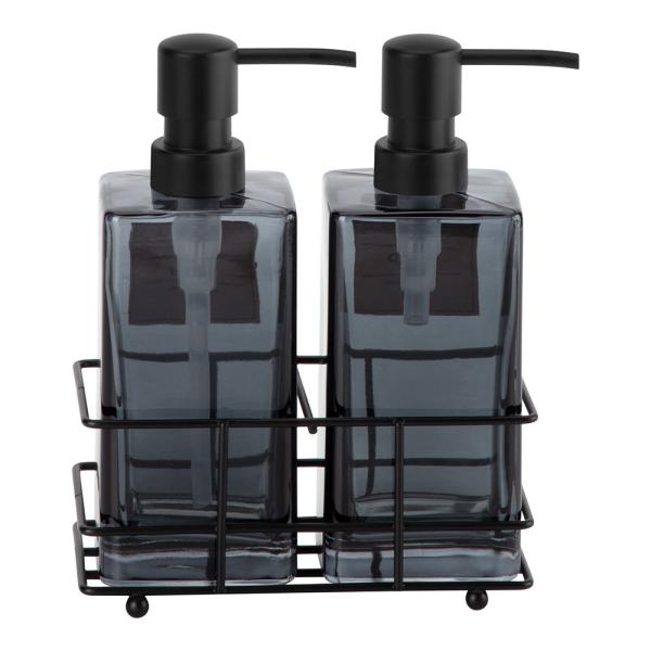 Quality Charcoal Twins Glass Soap Dispenser Square ABS Pump Head Wire Rack Liquid Soap Dispenser Pump wholesale