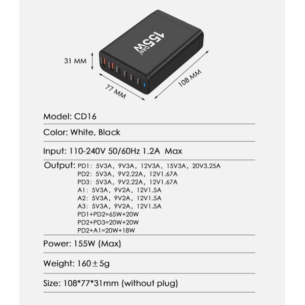12V 2.5A Portable Fast Charging Station Pd Charger Adapter Laptop Notebook 6 in 1 Type C Hub