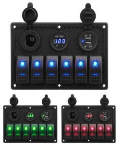 Cheap Waterproof Marine Boat Rocker Switch Panel 6 Gang With Dual USB Socket 3.1A Volt Meter Blue LED Light for sale
