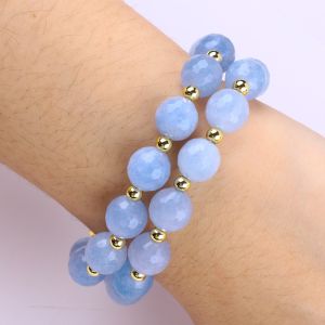 Handmade Custom Crystal Blue Chalcedony Double Layer Multifacted Round Bead