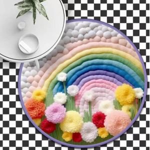 Circular Rainbow Children'S Room Carpet 3D Effect Cartoon Cloud Decorated Carpet