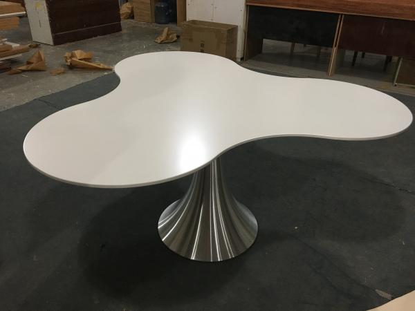 Quality modern designed matt white paint dining table with stainless steel base wholesale