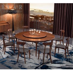 Italian Designer Luxury Walnut Solid Wooden Round Rotating Center Dining Table