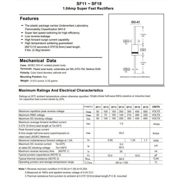 Super Fast Recovery Rectifiers Diode 1A SF11 Thru SF18 Do-41 Package