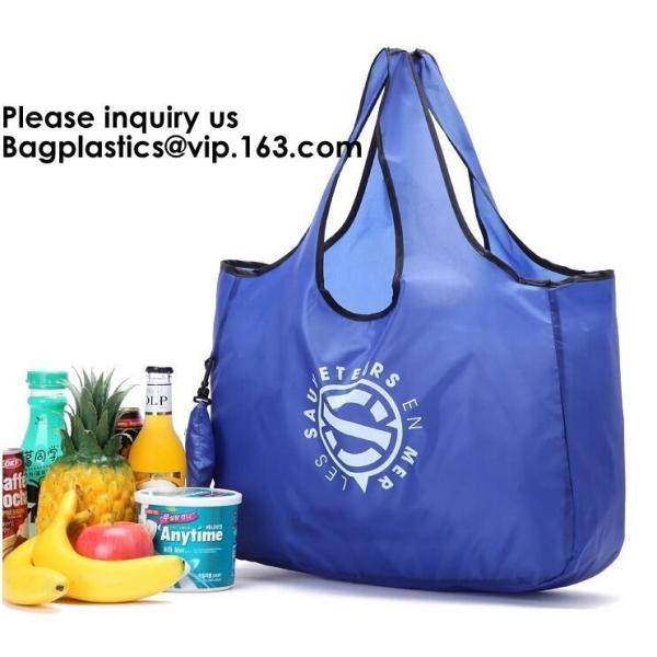 Quality Printing Logo Polyester Handled Foldable Tote Bag With Snap Closure Foldable Bag Pocket Folding Nylon Shopping Bag wholesale