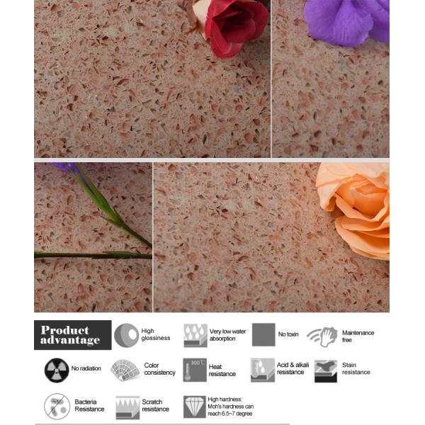 Pink Crystal Engineered Quartz Tile , Solid Polished Quartz Kitchen Countertops