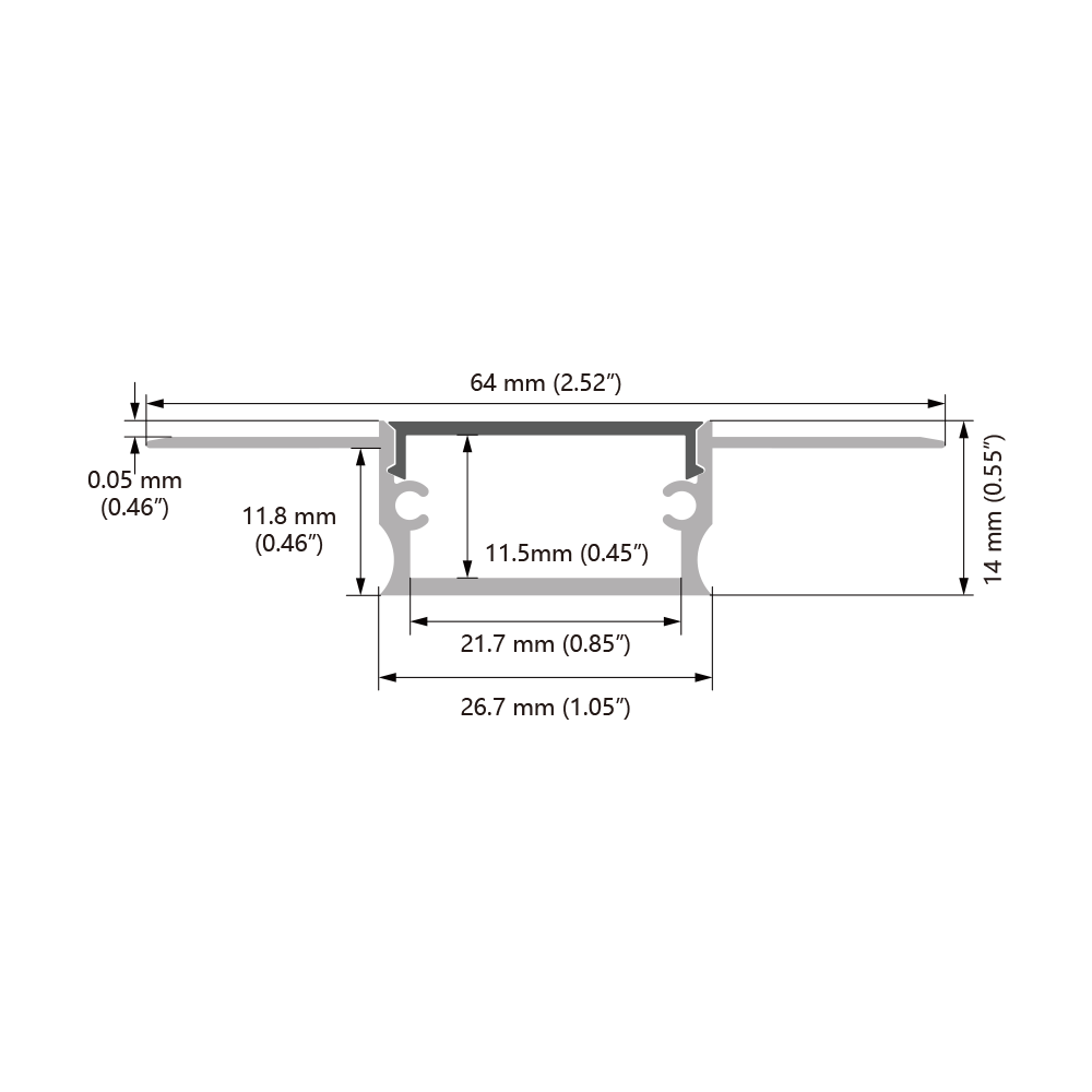 6063 Aluminum LED Profile W64.0 × H14.0mm with PCB Width up to 11.0mm for