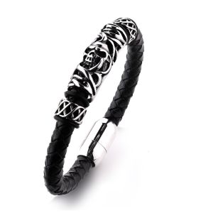 China Cheap price black plated the north skull metal charm black leather men skull bracelet for wholesale on sale