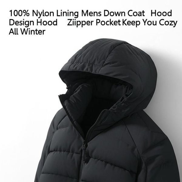 100% Nylon Lining Mens Down Coat with Hooded Design and Zipper Pocket Keep You