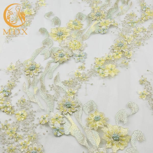 Nice 3D Flowers Light Yellow Lace Fabric 140cm Width Types Of Bridal Lace