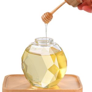 H11.7cm Diamond Shape Honey Jar 500ml Amber Glass Jar Wooden Lid