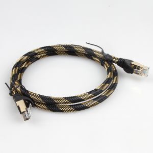 ISO Gigabit Cat 7 Shielded Ethernet Cable Nylon Black Yellow Braided