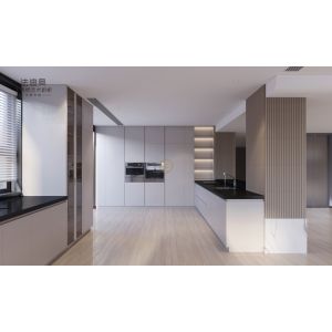 Elegant Grey Stainless Steel Kitchen Cabinet With Curved Island And Multiple