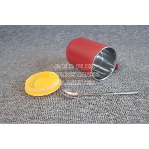 Cheap Drinkware red color creative mark cup with metal spoon handgrip 304 stainless steel office cup with sealing cover for sale
