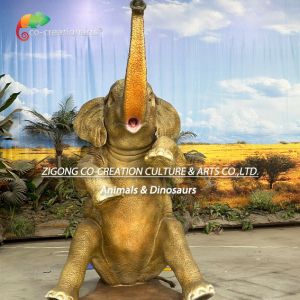 Realistic Animatronic African Elephant Statue Spraying Water In Safari Setting