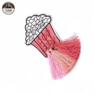 Small Size Decorative Iron On Patches Pink Ice Cream Cup Tassel Embroidery