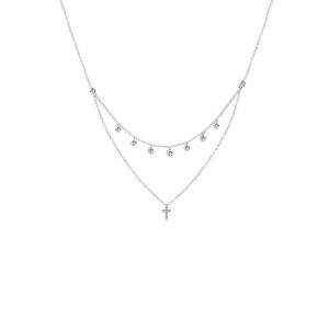 Two Layer Bezel Set Diamond Cross Pendant Rhodium Gold Plated Chain Necklace