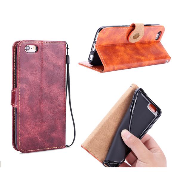 For iphone 8 Retro Cow Real Genuine Leather Wallet Credit Button Card kickstand Phone Case Cover with a lanyard