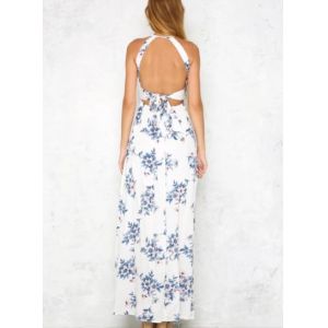 Bohemian Halter Backless Sleeveless Floral Printed Slit Maxi Long Dress for